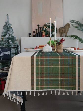 1 件多色格子矩形桌布，波西米亚圣诞风格提花编织，带米色流苏，适合餐厅、厨房、客厅、户外派对、咖啡厅的家居装饰，适合所有季节和节日