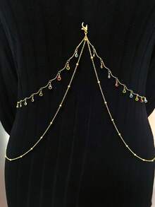 1pc Multicolor Crystal Pendant Chain Waist Chain, Bohemian Style Sexy Body Chain, Minimalist Women Body Jewelry Accessory