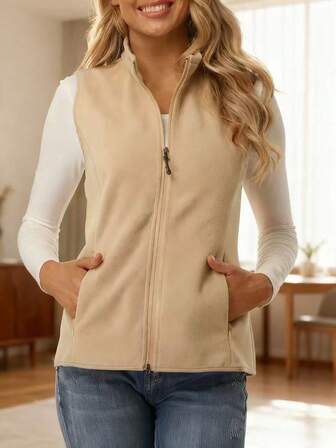 Chaleco sin mangas para mujer con bolsillos y cremallera, adecuado para otoño/invierno