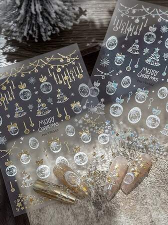 圣诞指甲贴纸，5D 浮雕金色雪花指甲贴花圣诞树圣诞快乐雪花冬季指甲设计节日美甲装饰女士女孩