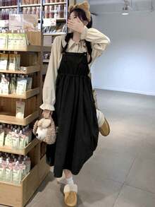 Váy yếm rộng midi trơn màu mùa hè 2025, không bao gồm áo sơ mi - màu đen - Xem 2