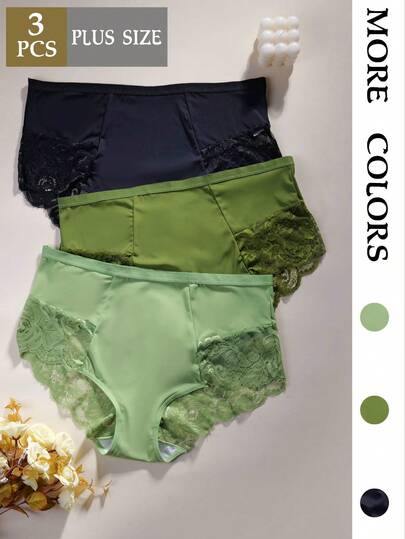 3 peças - Calcinhas femininas plus size de cor sólida com patchwork de renda e tecido confortável e sexy