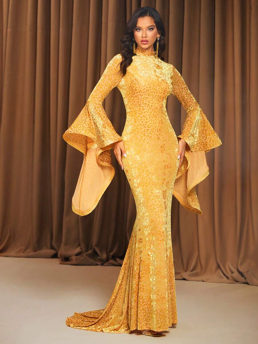 LOVE&LEMONADE Yellow Long Sleeve Flared Cuff Mandarin Collar Floor-Length Evening Gown