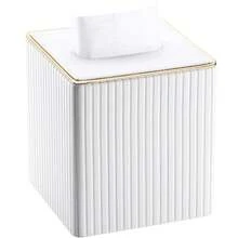 Gold-Edged Square Vertical Striped Tissue Box - Fashionable Cubic Tissue Box Holder, Magnetic Bottom, Decorative PU Tissue Box Suitable For Vanity, Nightstand, Desk, Kitchen Counter, Home Office, Car (Milk Tea Color) - Multicolor - View 13