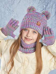 3 件套儿童帽子、手套和围巾套装，保暖内衬护耳针织帽，适合男孩和女孩的冬季保暖服装 - 雙球三件套 - 查看 1