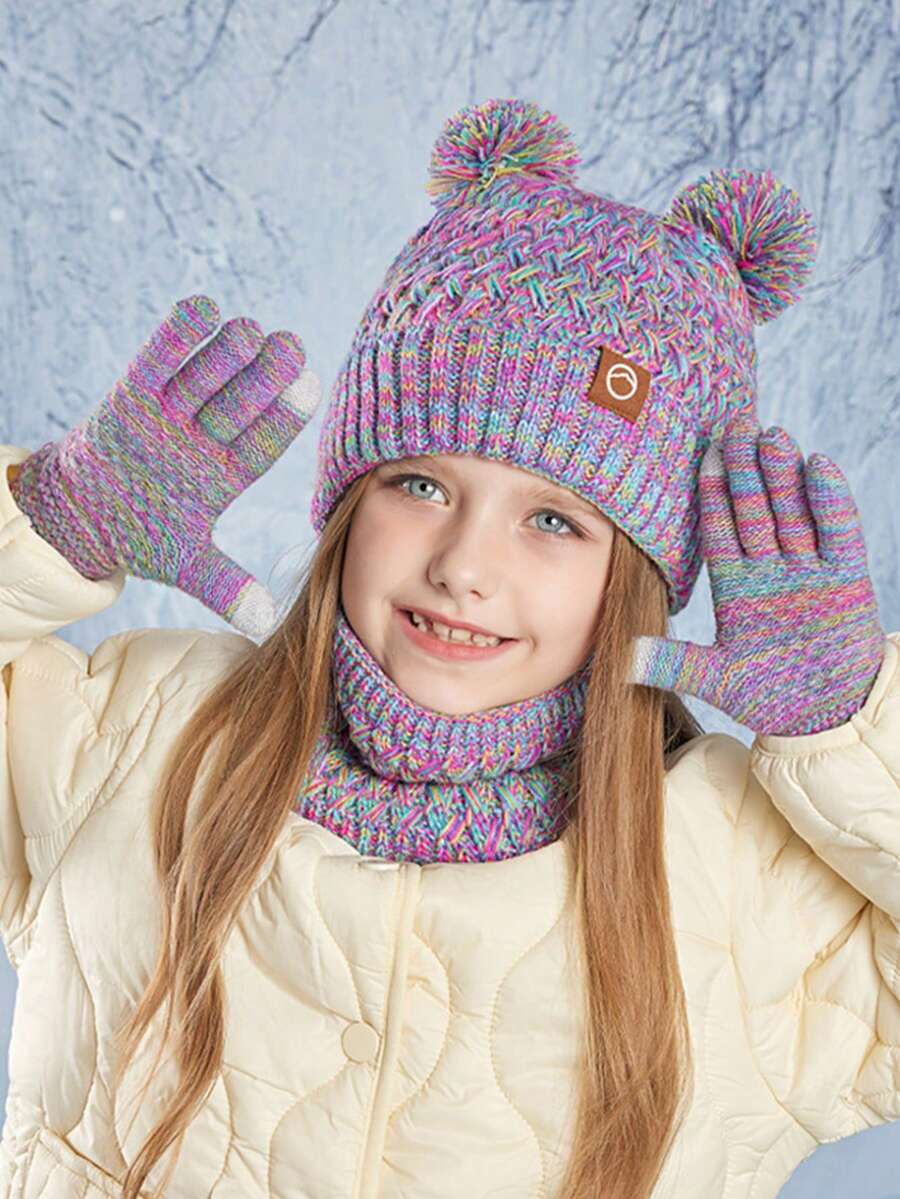 3 件套儿童帽子、手套和围巾套装，保暖内衬护耳针织帽，适合男孩和女孩的冬季保暖服装 - 雙球三件套 - 查看 1