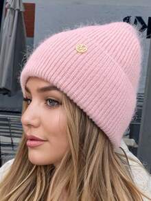1pc Knit Cuffed Beanie Hats Metal Tag For Women Winter Rabbit Fur Plush Knitted Caps Soft Slouchy Warm Snug Snow Ski Running Unisex Adult Knit Hat Large Head Circumference, Face-Lifting And Warm,