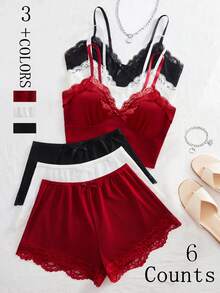 6 pezzi Set di lingerie sexy da donna, reggiseno a triangolo con spalline regolabili, top e pantaloncini decorati con fiocco, comodo pigiama da casa in tinta unita