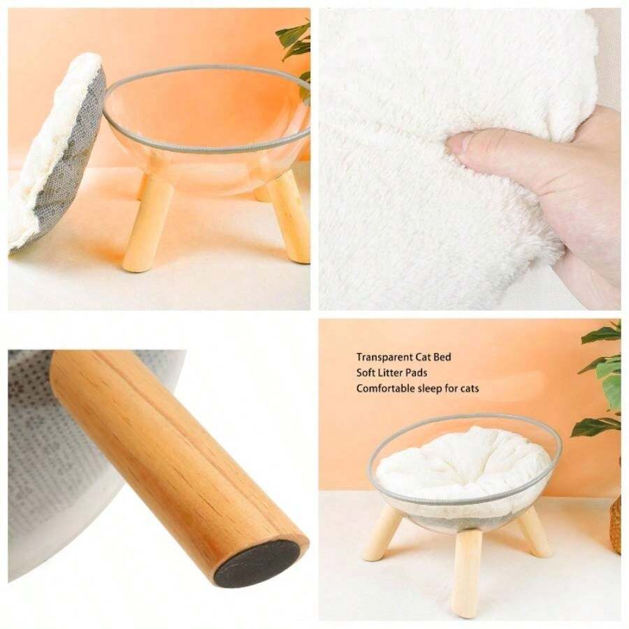 Cama para Gato Cpsula Nave Espacial, Cama para Gato Tazn Nido Transparente con Cojn, Cpsula Acrlica Nido Transparente, Cama Semicircular Elevada de Madera para Gato - inicial - Ver 1