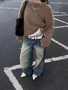 Vivid Style 女士柔软抓绒圆领套头衫，宽松柔软羊毛针织毛衣，街头风，圣诞毛衣，新年毛衣 - 棕色 - 查看 1