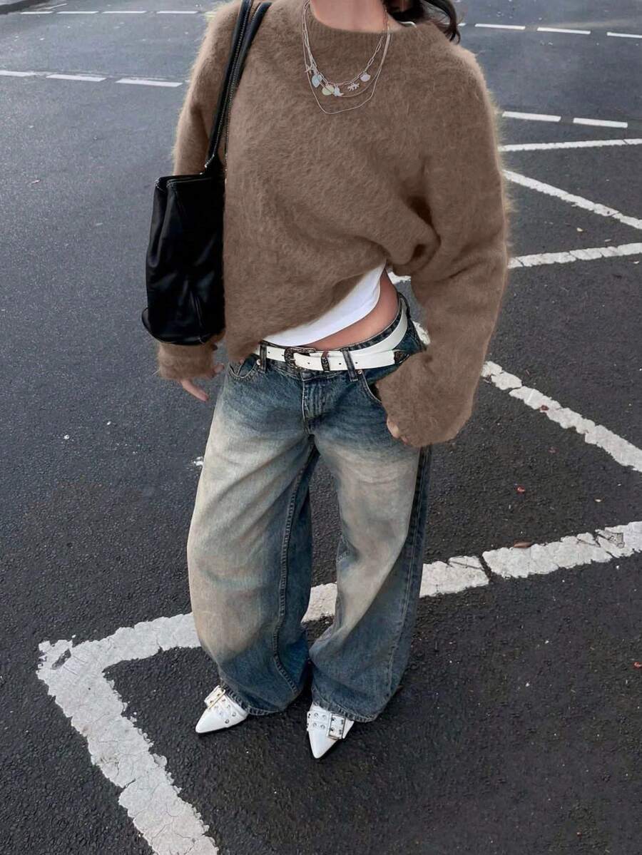 Vivid Style 女士柔软抓绒圆领套头衫，宽松柔软羊毛针织毛衣，街头风，圣诞毛衣，新年毛衣 - 棕色 - 查看 1