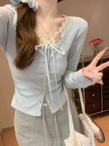 Spring Korean Style Pure Lace Color Blocking Button Slim Fit 2 In 1 Long Sleeve Base Layer T-Shirt Top - Blue - View 2