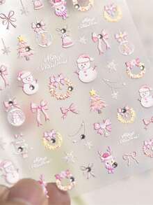 Pegatinas de arte de uñas de Navidad con muñeco de nieve rosa, lazo, árbol, patín de hielo, campana, reno y corona con cristales de strass 5D para decoración festiva de uñas largas y cortas de mujeres en Navidad