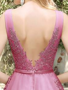 Babyonlinedress Elegant Romantic Tulle Beaded Prom Dresses For Women Lace Applique Formal Evening Dresses Backless A-Line Puffy Ball Gown Wedding Party Graduation Party Wedding, Bridesmaid, Pegeant, Familiy Gathering, Festivals, Birthday Party Graduation, Canding, Dinner, Holiday - 藕粉色 - 查看 3