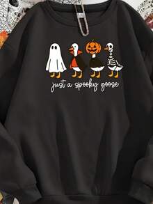 Women's Plus Size Casual Long Sleeve With Just A Spooky Goose Print Round Neck Sweatshirt, Machine Washable, Relaxed Fit, Everyday Qutfit, Perfect For Fall & Winter - 黑色 - 查看 1