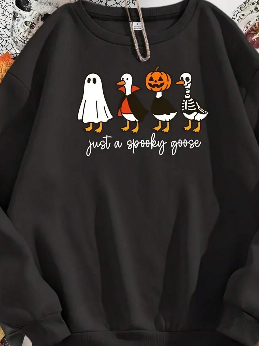 Women's Plus Size Casual Long Sleeve With Just A Spooky Goose Print Round Neck Sweatshirt, Machine Washable, Relaxed Fit, Everyday Qutfit, Perfect For Fall & Winter - 黑色 - 查看 1