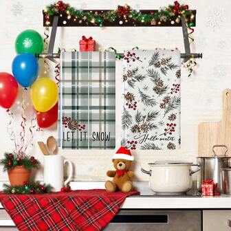 2 Sets Of Christmas Themed Kitchen Napkins, Featuring Holiday Holly Leaves And Berry Designs As The Main Elements, Simple Checkered Printed Towels, Machine Washable, Heat-Resistant, Absorbent, And Reusable, Kitchen Accessories, Suitable For Room Decoration, Kitchen And Bathroom Towels, Party Decoration, Christmas Decor Home, It Is An Ideal Christmas Gift.