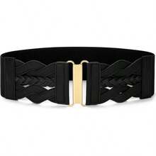 Vintage Stretchy Wide Elastic Belt With Gold Buckle For Women - 黑色 - 查看 1