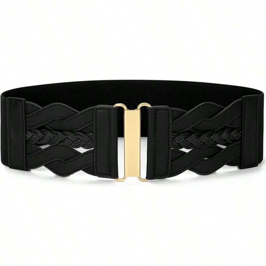 Vintage Stretchy Wide Elastic Belt With Gold Buckle For Women - 黑色 - 查看 1