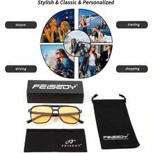 FEISEDY Retro aviador cuadrado gafas de sol para mujeres hombres 70s vintage de moda marco de plstico lentes de sol B2835 - 007 Montura negra/Lente amarilla + 57 Milímetros - Ver 8