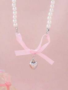French Sweet Pure Pearl Clavicle Chain - 1pc Pink Heart Bow Necklace, Niche Design, Women's Versatile Accessory - 粉色 - 查看 4