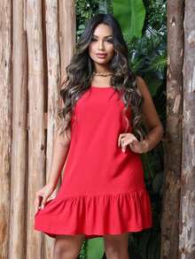 Women's Basic Loose Ruffle Dress With Adjustable Straps - Viscose Fabric - Đỏ - Xem 3