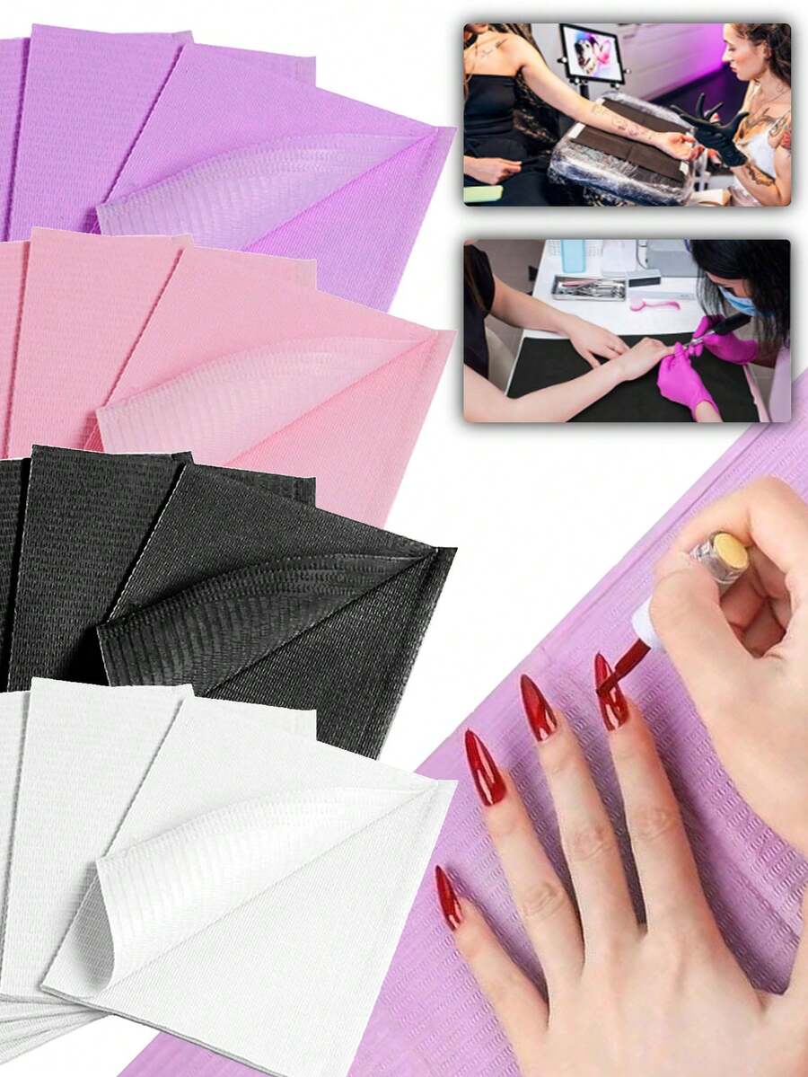 一次性粉色黑色美甲桌垫 3 层防水可折叠清洁垫桌布清洁美甲餐巾，多功能美容纹身牙科布防水桌布美甲工具