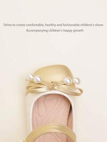 1 Pair Elegant Colorblock Cute Bow & Pearl Decor Girls/Kids Flat Shoes, Soft & Comfortable, Suitable For Spring, Summer, Autumn - Gold - View 4