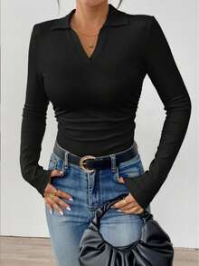 Damen Sportbekleidung Lässig eng anliegendes Polokragen V-Ausschnitt Langarmoberteil, geeignet für Outdoor-Lässig, Laufen, Sport, Yoga und Fitness