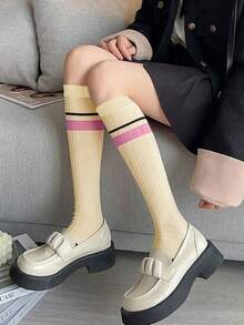 1/3 双装女士粉白条纹过膝袜，时尚甜美修身学院风日常穿着袜，Y2K风格，舒适 - 彩色 - 查看 3