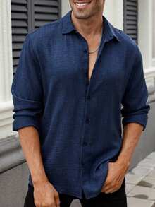 Men's Navy Blue Casual Long Sleeve Shirt, Outdoor Leisure Minimalist Fashion Shirt, Casual Jacket - Navy Blue - View 3