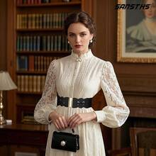 Vintage Stretchy Wide Elastic Belt With Gold Buckle For Women - 黑色(格子) - 查看 5