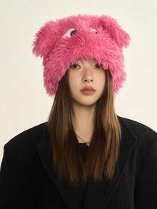 1 件卡通蓬松大眼睛小狗耳朵毛绒帽子甜美可爱时尚大眼睛毛绒狗帽可爱女士无檐小帽可爱纯色冬季保暖仿皮草女童套头帽 - 彩色 - 查看 12