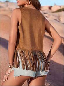 Women Boho Vest Coat Tassel Vest 70s Hippie Faux Suede Rivets Sleeveless Fringe Waistcoat Open Front Hollow Out Western Jacket Cardigan Outerwear For Summer Vacation Beachwear Women Westren Wear - 棕色 - 查看 4