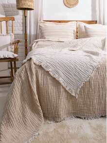 特大号平纹细布床罩 - Dokubba 特大号 (260x280cm) 棉质平纹细布凸纹床罩 - 双色多用途毛毯 - 4 层平纹细布毛毯 - (260*280cm) - 米色 - 查看 5