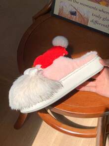 1 双青少年圣诞老人节日保暖内衬平底休闲家居拖鞋，秋冬保暖 - 紅白色 - 查看 7