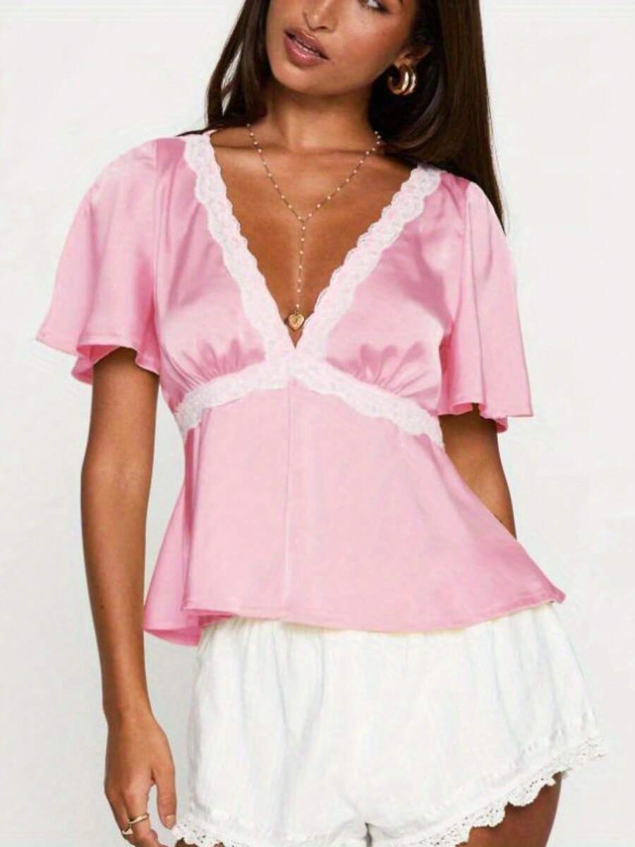 Brighten Up Your Summer Wardrobe With Our Yellow Lace Trim Short Sleeve T-Shirt In S, M, L, XL Sizes - 粉色 - 查看 1