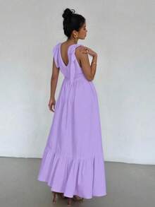 Maxi Vestido de Tirantes Ajustable con Escote en V o Pico Profundo, con Volante en el Bajo Casual para Mujer - Lila Púrpura - Ver 3