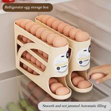 Automatic Rolling Egg Dispenser Organizer For Refrigerator, 4-Tier Space-Saving Egg Holder Tray, Holds 28 Eggs, Durable Plastic Egg Storage Rack For Fridge, Counter, Kitchen Cabinet - Beige - View 2