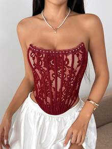 JSE Elegant Floral Print Mature Charm - Graceful Lace Ruffle Trim Backless Bustier Bodycon Corset Top - Burgundy - View 3