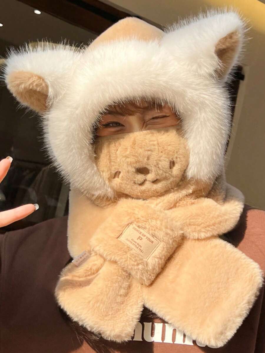 1pc Plush Warm Hat For Women, Cute Fox Ear Thick Beanie Scarf Set, Solid Color Polyester