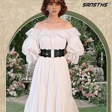 Vintage Stretchy Wide Elastic Belt With Gold Buckle For Women - 黑色(銀色扣) - 查看 4