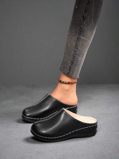 Women's Fashion Platform Closed Toe Mule Slippers, Minimalist Versatile Comfortable Thick-Soled Slip-On Shoes, Suitable For Autumn/Winter Daily And Home Wear