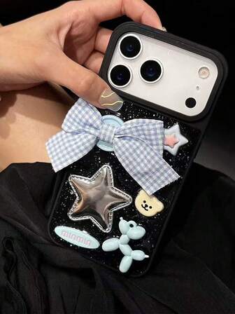 New Acrylic Metal Lens Frame 3D Blue Plaid Bow Star Bear Glitter Bling Bling Phone Case Compatible With Iphone 11 12 12pro 13/14/15 Fashionable, 13pro/Hot 14pro/15pro, Elegant 12pro Max/13pro M14pro Max/15pro Max, Premium 16, 16pro, New 16pro Max, 17, 17pro, 17pro Max Phone Protective Cover