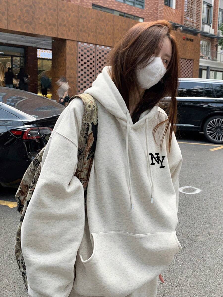 女士灰色花卉图案连帽卫衣，休闲美式宽松慵懒风卫衣，秋季字母印花连帽外套 - 花灰色 - 查看 1