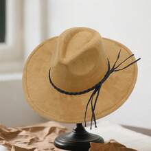Suede Cowgirl Hat For Women Men Black Band Wide Brim Solid Color Western Cap For Party, Outdoor - Khaki - View 4