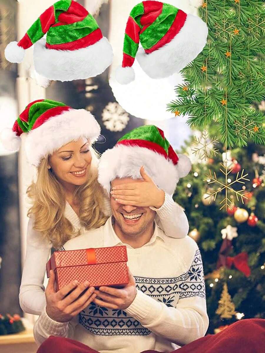 1pc, Holiday Unisex Adult, Velvet Comfort Classic Santa Hat, Suitable For Christmas, Ladies, Men, Holiday Parties - Stripe - View 1