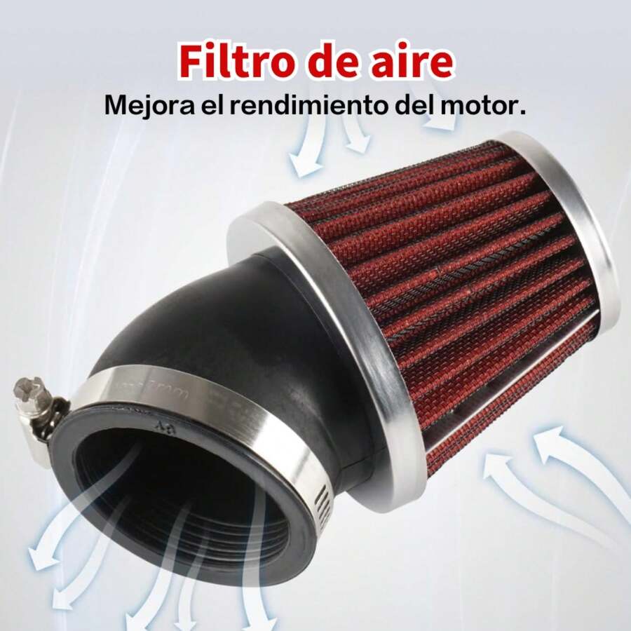 Filtro de aire de alto flujo con brazo largo y curvado ideal para todo tipo de motocicleta con una salida de aire en el carburador de 28 mm, listo con abrazaderas para instalar hecho con un material que incorpora espuma sintética con una malla de acero de alta resistencia y boquilla flexible diseñados para optimizar el flujo de aire y la filtración y así mejorar la combustión, además es fácil de instalar retirar para su mantenimiento se puede lavar para darle mayor tiempo de vida útil. - Multicolor - Ver 1