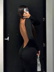 Basrey New Elegant Black Round Neck Long Sleeve Backless Fitted Pleated Dress, Wrap-Around Hip Design, Fishtail Hem, Formal Gown, Perfect For Cocktail Party, Ball, Formal Dinner - Black - View 10