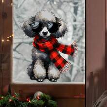 1 pieza Pegatina de ventana con sombrero de Navidad, perrito y bufanda, creativa DIY, autoadhesiva, extraíble, de PVC para decorar y embellecer ventanas y cristales, decoración estacional, tema navideño, material de PVC, calcomanía autoadhesiva, para compradores navideños, entusiastas de manualidades